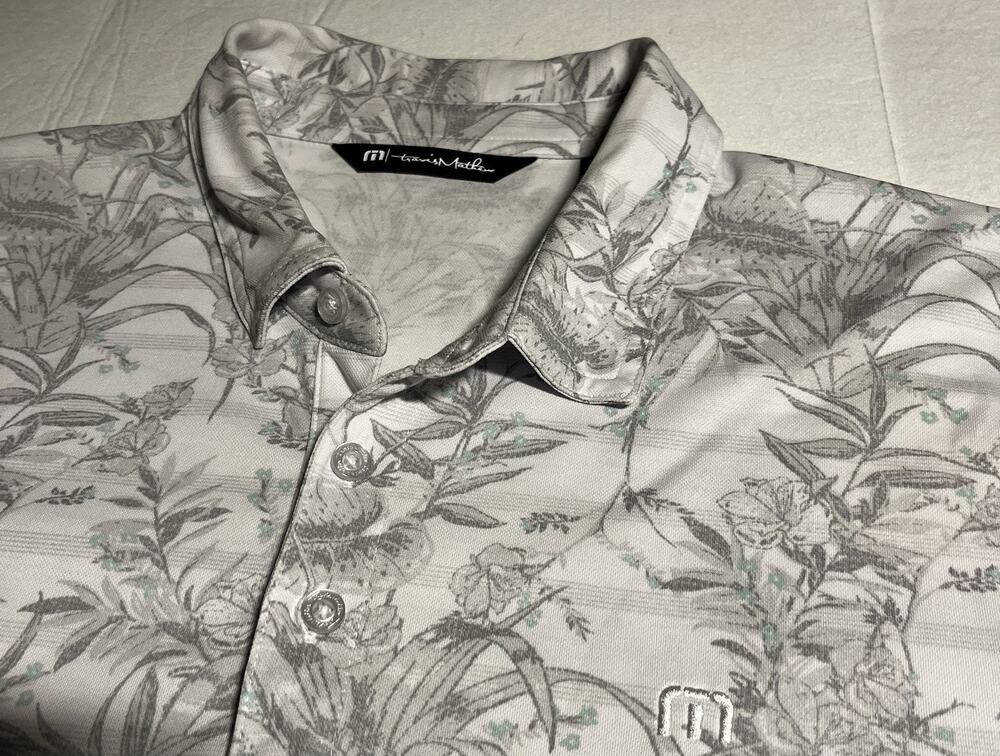 TravisMathew Mens XL Golf Polo Floral Botanical Print Gray White Performance